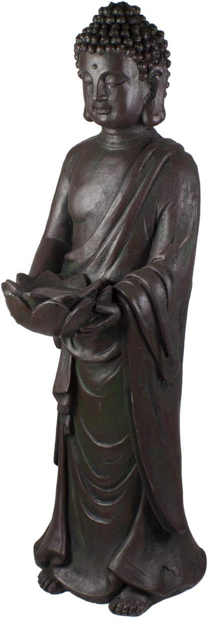 19.5" Gray Standing Buddha with Lotus Outdoor Garden Statue