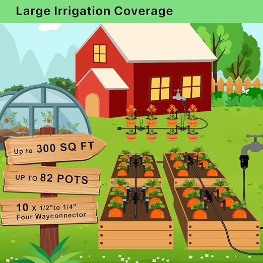 250FT Drip Irrigation System Kit, 50FT 1/2" Main Tube & 200FT 1/4" Tubing, Quick Connect Design, Brass Splitter, Adjustable Emitters & Misting Sprayers for Garden, Lawn, Raised Beds, Outdoor Plants
