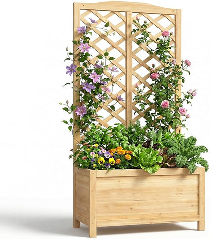 Wooden Raised Garden Bed with Trellis, Freestanding Planter Box with Drainage for Vines Climbing Plants Flowers Herbs, Elevated Gardening Planter for Backyard Balcony Patio
