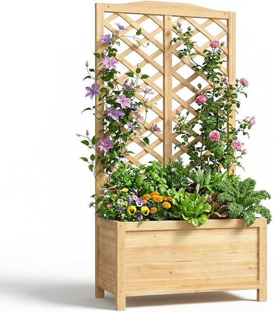 Wooden Raised Garden Bed with Trellis, Freestanding Planter Box with Drainage for Vines Climbing Plants Flowers Herbs, Elevated Gardening Planter for Backyard Balcony Patio