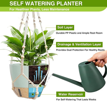 LEWESU Set of 2 Hanging Planters for Indoor Plants with Self Watering Includes Hanging Pots and 2 Types Plant Hangers, Outdoor Hanging Baskets Holder for Home Garden, 10 Inch Sage Green