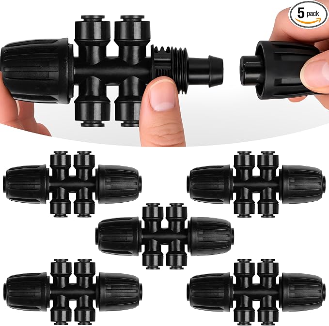 Carpathen Drip Irrigation Parts - 5PCS 1/2" to 1/4" Barbed Tee Quick Connector - Lock Reduced 4-Way T Connector - Drip Irrigation Fittings