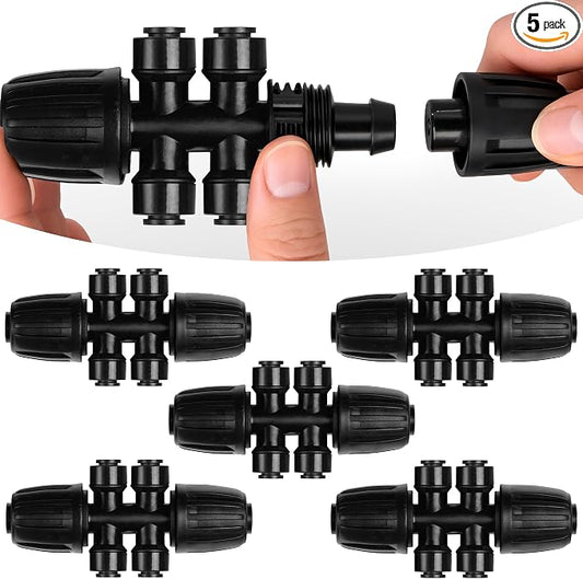 Carpathen Drip Irrigation Parts - 5PCS 1/2" to 1/4" Barbed Tee Quick Connector - Lock Reduced 4-Way T Connector - Drip Irrigation Fittings