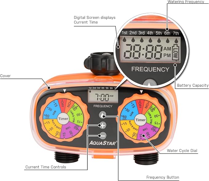 AQUASTAR Two-Zone Hose Watering Timer (Orange), Automatic Irrigation for Lawn, Garden, Yard, Two Outlets