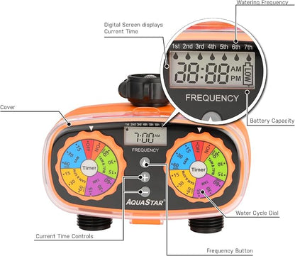 AQUASTAR Two-Zone Hose Watering Timer (Orange), Automatic Irrigation for Lawn, Garden, Yard, Two Outlets