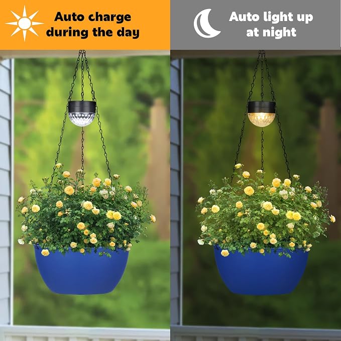 SUNNYPARK 2 Pack Solar Hanging Planters for Plants Outdoor | Self Watering, Blue Flower Pots with Solar Light, Hanging Garden Planters with Drainer for Balcony Patio Outdoor Decor