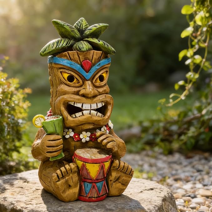 Miniature Tiki Garden Statue Solar Outdoor Decorations - Tiki Bar Tropical Themed Parties Figurines for Patio Yard Lawn Ornaments Gifts for Birthday Housewarming 3.2''(W) x 3.4''(D) x 5.9''(H)F