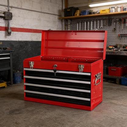 4 Drawers Metal Tool Box, 21'' Portable Metal Tool Box with EVA Liners & Auto-Locking Mechanism, Heavy Duty Steel Tool Chest with Ball-Bearing Drawer Slides & Convenient Top Handle, Red&Black