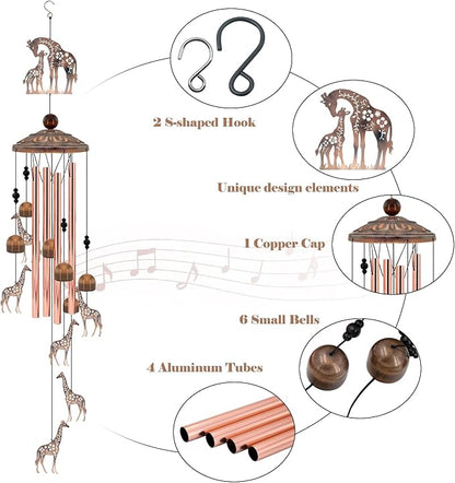 35" Giraffe Wind Chimes for Outside, Rustic Copper Mother & Baby Giraffe Silhouette Decor with 6 Pendants - Elegant Memorial Windchime - Heartwarming Gift for Mom & Animal Lovers