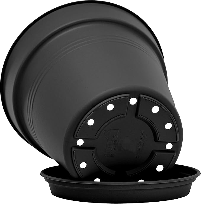 Mintra Garden Pots, 4 Pack Bulk Plastic Plant Pots with Drainage Tray, Round Indoor & Outdoor Decorative Planters with Drain Holes for Flowers, Herbs & Plants, 13cm Diameter – Black, 5 in