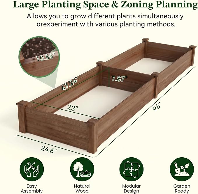 8×2ft Wooden Horticulture Raised Garden Bed Divisible Elevated Planting Planter Box for Flowers/Vegetables/Herbs in Backyard/Patio Outdoor, Acorn Brown, 96 x 24 x 9in