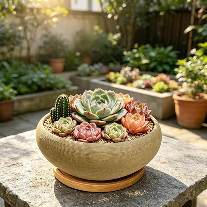 MUZHI 8 inch Round Unglazed Ceramic Bonsai Pot with Bamboo Tray, Shallow Plain Pottery Succulent Planter with Drainage Hole (8”)