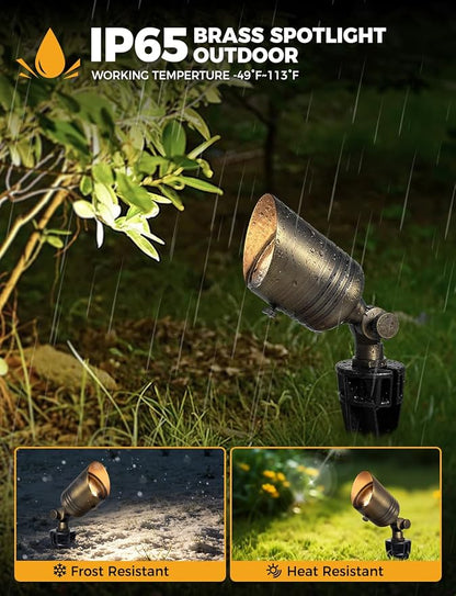 COLOER Brass Outdoor Spotlights,12V LED Low Voltage Landscape Lighting with 5W 2700K Aluminum MR16 Bulb, IP65 Waterproof Landscape Spot Lights for Yard,Garden,Tree, Small Size (1 Pack with Bulb)