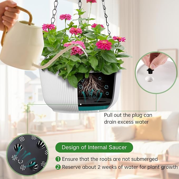 8 Inch Hanging Pots for Indoor Outdoor Plants Set of 2 | Self-Watering Hanging Planters with Internal Saucers, Drainage Holes & Plugs (Hooks)