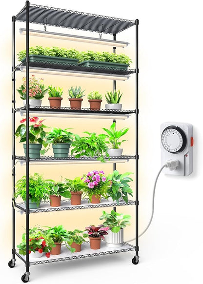CX6 Plant Stand with Grow Lights, 3FT T8 30W(Per Light) Full Spectrum Yellow LED Plant Lights, Indoor Plant Shelf for Multiple Plants with On/Off Timer Socket, 6-Tier 35.4"x13.8"x70.9"