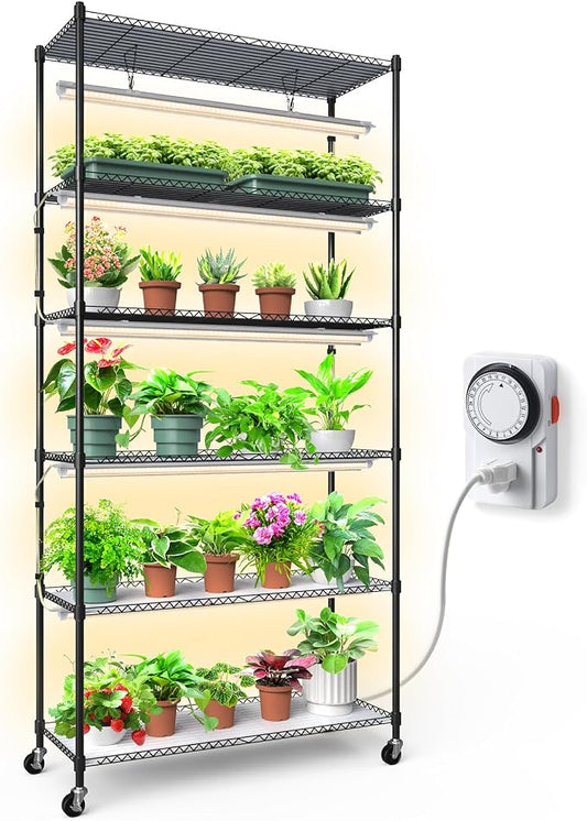 CX6 Plant Stand with Grow Lights, 3FT T8 30W(Per Light) Full Spectrum Yellow LED Plant Lights, Indoor Plant Shelf for Multiple Plants with On/Off Timer Socket, 6-Tier 35.4"x13.8"x70.9"