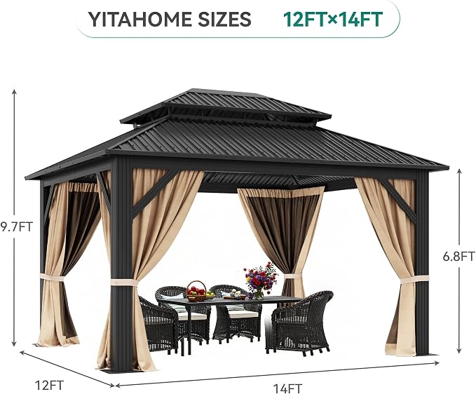 YITAHOME 12x14ft Gazebo Double Roof Hardtop Heavy Duty w/Nettings,Curtains | Upgraded Outdoor Canopy Aluminum Column Galvanized Steel Vertical Stripes Roof for Patio, Backyard, Deck, Lawns, Brown