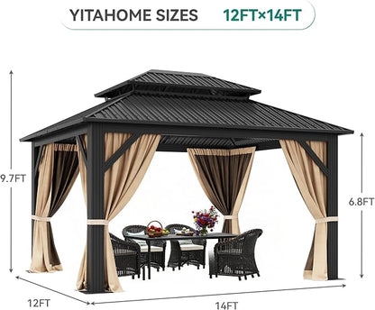 YITAHOME 12x14ft Gazebo Double Roof Hardtop Heavy Duty w/Nettings,Curtains | Upgraded Outdoor Canopy Aluminum Column Galvanized Steel Vertical Stripes Roof for Patio, Backyard, Deck, Lawns, Brown