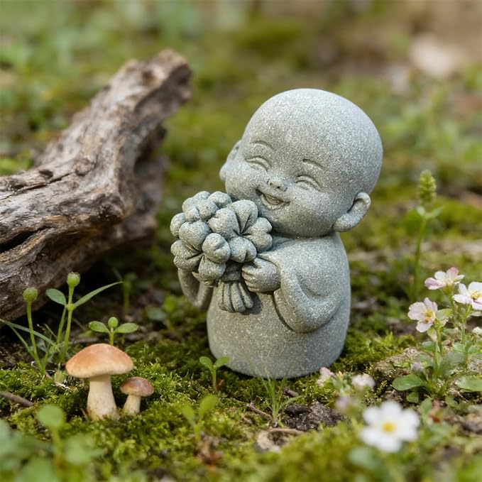 livelyfish Japanese Monk Statue Praying Zen Sandstone Mini Buddha Statues Asian Garden Sculptures for Wealth Good Luck Feng Shui Home Decor (Style 2)