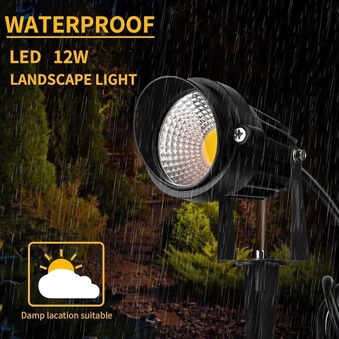 Warm White Spotlight, 12W 3000K Landscape Spot Lights, IP65 Waterproof Garden Lighting, Metal Case COB LED Lights for Lawn Lamp US 3- Plug Yard Christmas Decoration with Stakes(1 Lights)