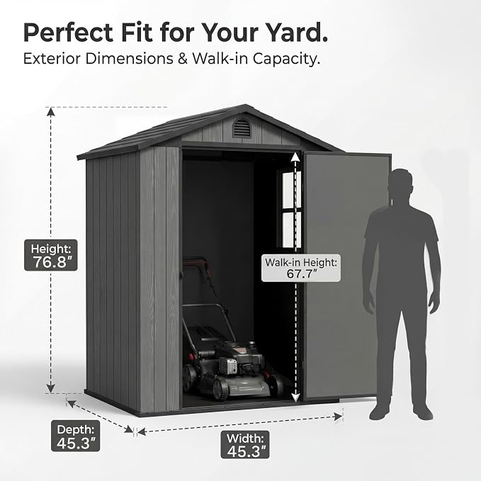 Devoko 4×4 FT Resin Storage Sheds with Floor, Plastic Outdoor Tool Shed with Windows, Waterproof Outside Sheds and Lockable Doors for Backyard Lawn Garden, Dark Gray