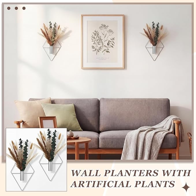 Jexine 8 Pcs Hanging Planters with Artificial Pampas Metal Hanging Vase Indoor Plants Holder Modern Geometric Boho Bathroom Wall Decor for Living Room Home Office(Chrome Silver)