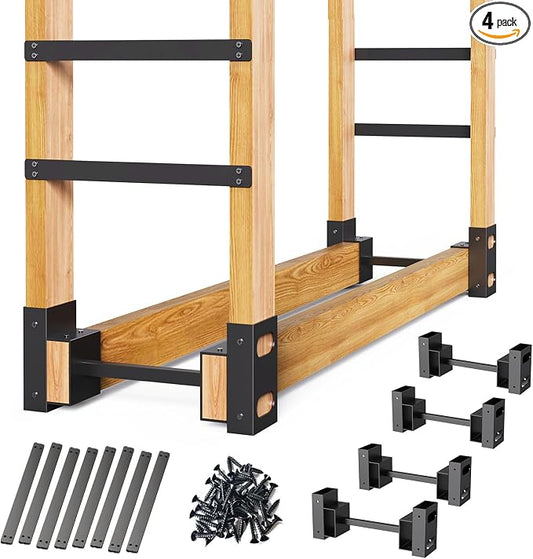 Eibikdi Firewood Rack Outdoor, Adjustable Length Wood Storage Brackets Kit, Log Stacking Stand Holder for Outdoor Indoor Fireplace, Wood Burning Fire Pits, Black, Set of 4