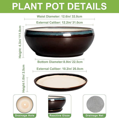 SQOWL Bonsai Planter 12 Inch - Ceramic Succulent Pots Large, Round Shallow Plant Pots Indoor with Drainage Hole and Saucer, Bowl Planter Outdoor for Flower, Room Decor, Housewarming Gifts, Blue-Brown