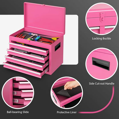Goplus Pink Tool Chest, 5 Drawers Rolling Tool Cabinet w/Detachable Top Toolbox, Universal Lockable Wheels,Lock Bar,Protective Liner,Tool Rack, Metal Tool Storage Cart, Tool Box for Garage Workshop