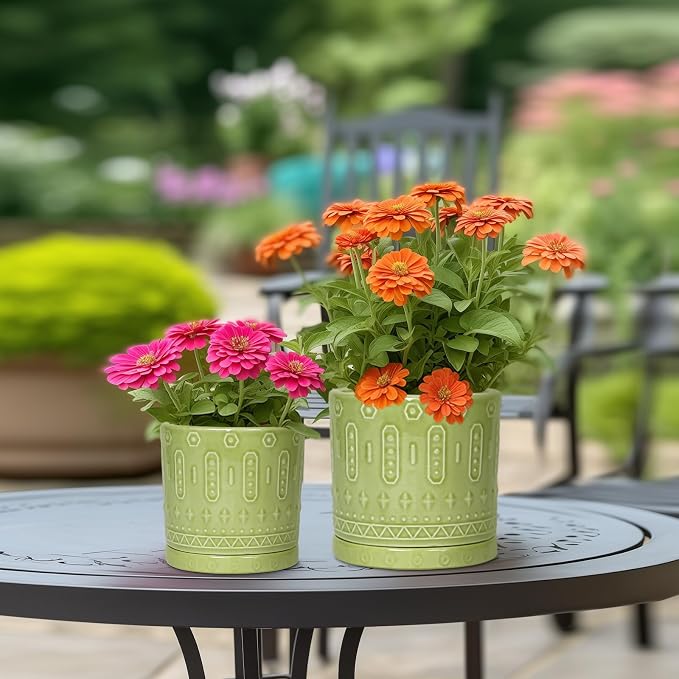 Eightpot 8 Inch Plant Pots - Ceramic Planter for Indoor Plants Outdoor, Round Ceramic Flower Pots with Drainage Hole and Saucer, Boho Decorative Planter, Home Bedroom Decor, Birthday Gifts, Green