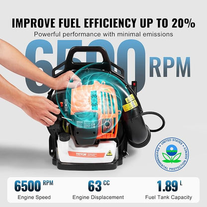 VEVOR 63CC Backpack Leaf Blower Gas Powered, 1.89L Tank, Delivers 1110CFM & 220MPH, Perfect for Garden Maintenance, Clearing Leaves & Snow