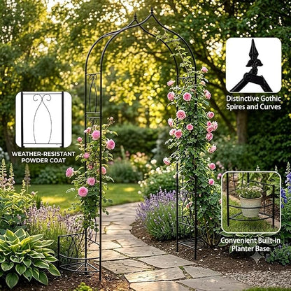 Metal Garden Arbors 8Ft Thickened Arch Trellis for Climbing Plants | Outdoor Arbor with Planter Box Rustproof Trellises Grapes Rose Wedding Arched Entrance Backdrop Stand Party Event Decoration