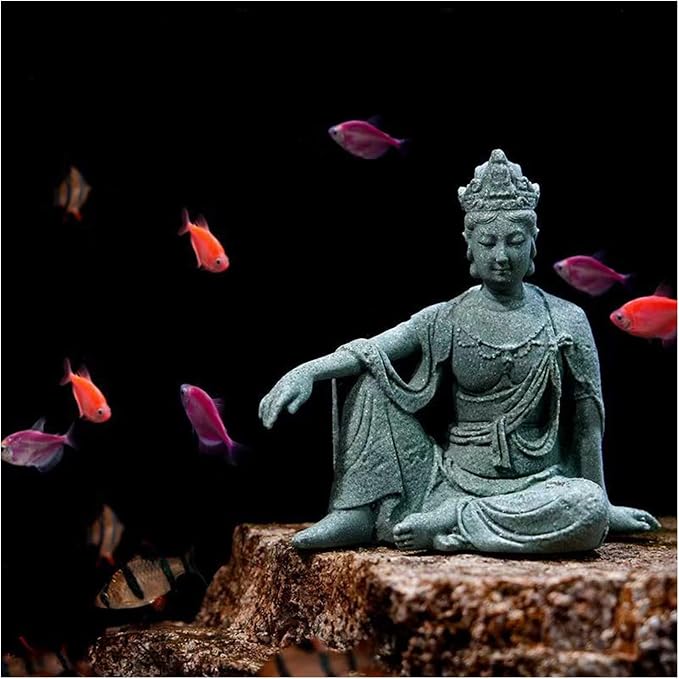 livelyfish Aquarium Buddha Statue Sandstone Buddha Figurines Zen Decor Meditating Buddha Statues for Underwater Landscaping Garden Decoration (S)