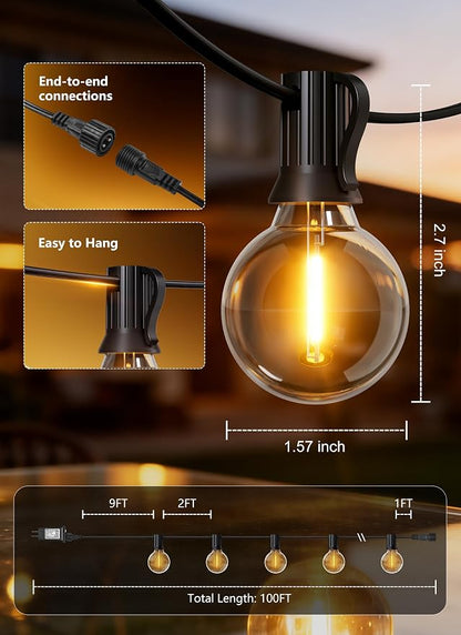Brightown Outdoor String Lights, 100FT Shatterproof LED Patio Lights with 46 Dimmable Plastic G40 Bulbs, 2700K Waterproof Connectable Hanging String for Backyard, Cafe, Porch, Deck, Home Decor