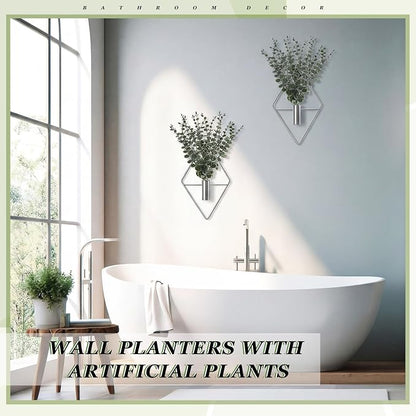 Jexine 8 Pcs Hanging Planters with Artificial Eucalyptus Metal Hanging Vase Indoor Plants Holder Modern Geometric Boho Bathroom Wall Decor for Living Room Home Office (Eucalyptus,Silver)