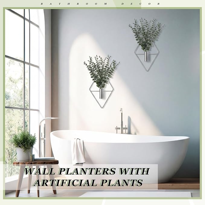 Jexine 4 Pcs Hanging Planters with Artificial Eucalyptus Metal Hanging Vase Indoor Plants Holder Modern Geometric Boho Bathroom Wall Decor for Living Room Home Office (Eucalyptus,Silver)