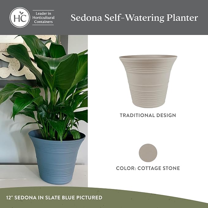 The HC Companies 14 Inch Sedona Round Self Watering Planter Pots, Lightweight UV-Resistant Plastic Indoor & Outdoor Planters, 2-Pack Flower Pots for Garden & Home Decor, Cottage Stone