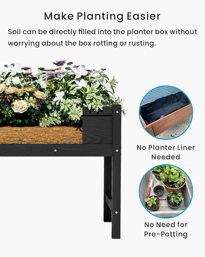 Weatherproof Raised Garden Bed, HDPE Outdoor Elevated Planter Box with Legs, Garden Box, Flower Beds for Patio, Deck, Balcony (Black)
