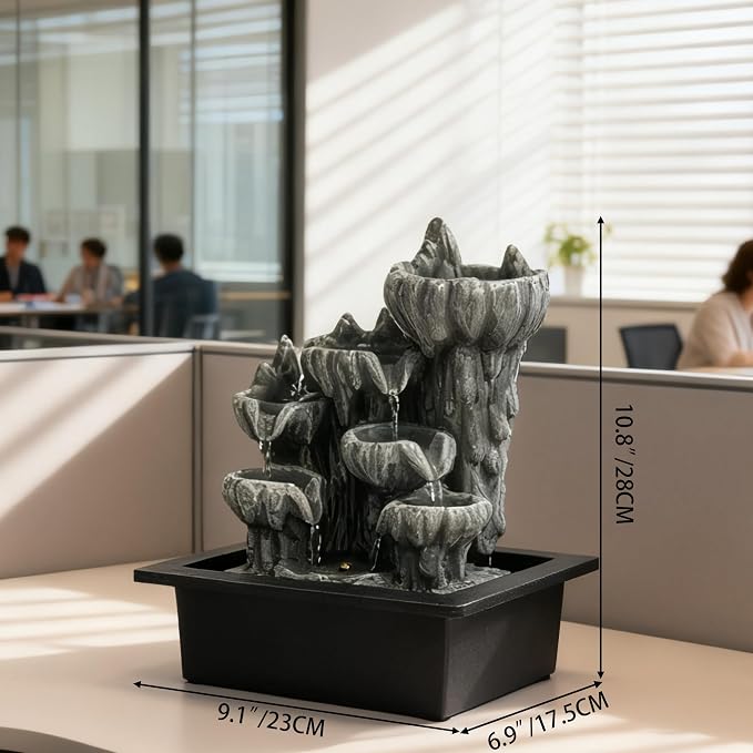 Indoor Cave Rock Waterfall Fountain with Warm Light,Tabletop Fountain with Planter Niche, Zen Water Feature for Home Office Desk Decor