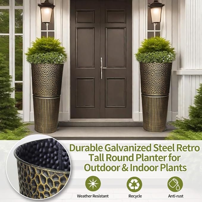 2 Pcs Pack 25 Inches Metal Tall Tapered Planter Pots Large Galvanized Steel Round Planter Flower Pot with Drainage Holes for Indoor Outdoor Deck Porch Garden Home Patio Front Door (antique bronze, M)