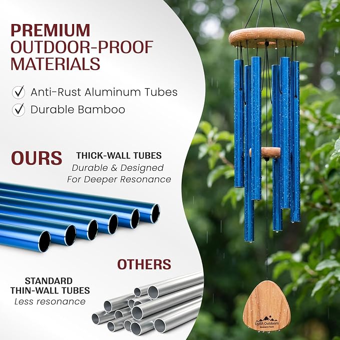 Blue Wind Chimes for Outside Deep Tone, 29 Inch Hand Tuned B Major Pentatonic Soprano Wind Chime with Decorative Kindness Stone, Outdoor Garden Patio Porch Decor, Meaningful Sympathy Memorial Gift