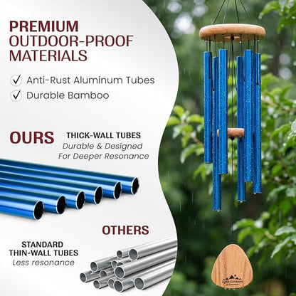 Blue Wind Chimes for Outside Deep Tone, 29 Inch Hand Tuned B Major Pentatonic Soprano Wind Chime with Decorative Kindness Stone, Outdoor Garden Patio Porch Decor, Meaningful Sympathy Memorial Gift