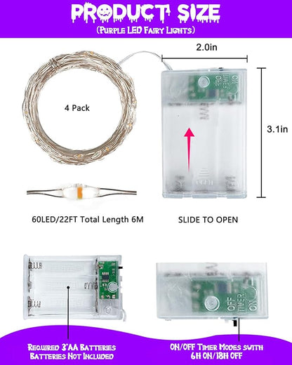 4 Pack 60 LED Fairy Lights Battery Operated with Timer, 20FT Waterproof String Lights Indoor Outdoor, Cuttable Battery Light for Home Bedroom Wedding DIY Centerpiece Christmas Decorations (Purple)