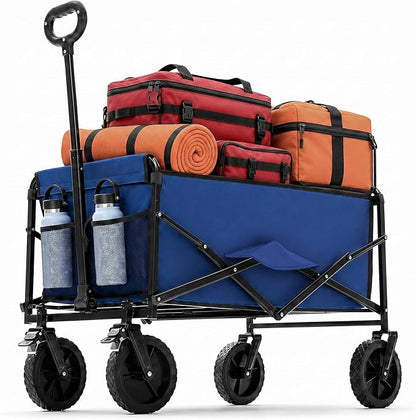 DUMOS Collapsible Wagon Cart, Heavy Duty Foldable Utility Wagon with Lockable Brake Wheels – 330 lbs Capacity, Flexible Handle for Beach, Garden, Sports, Grocery & Camping, Blue