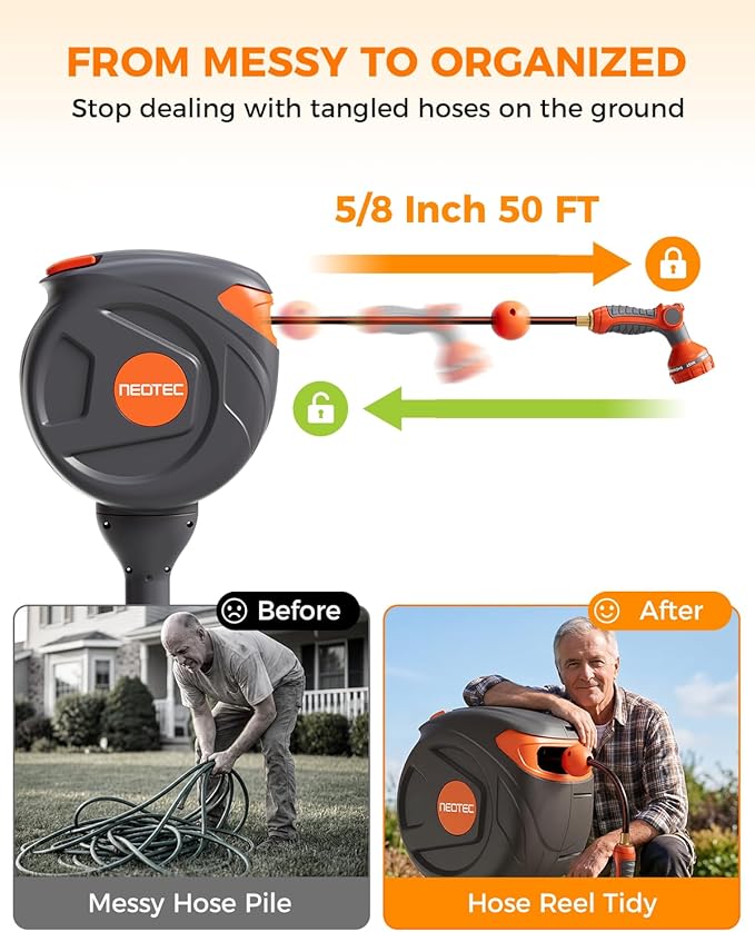 NEO-TEC No-Drill Ground-Mounted Retractable Garden Hose Reel 82 ft x 1/2 Inch, Freestanding 360° Swivel Water Hose with Any-Length Lock & Slow Return for Large Yard & Lawn