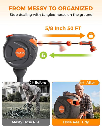 NEO-TEC No-Drill Ground-Mounted Retractable Garden Hose Reel 82 ft x 1/2 Inch, Freestanding 360° Swivel Water Hose with Any-Length Lock & Slow Return for Large Yard & Lawn