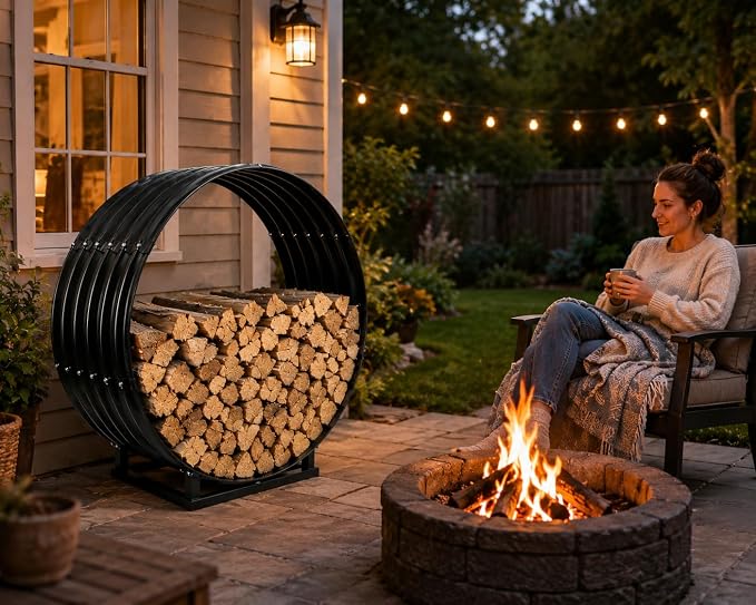 24" Firewood Rack with Roof Cover, Indoor & Outdoor Log Holder Keeps Firewood Dry, Clean & Organized for Fireplace, Patio & Backyard, Heavy-Duty Steel Wood Storage Rack, 400LBS Capacity