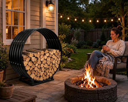 24" Firewood Rack with Roof Cover, Indoor & Outdoor Log Holder Keeps Firewood Dry, Clean & Organized for Fireplace, Patio & Backyard, Heavy-Duty Steel Wood Storage Rack, 400LBS Capacity
