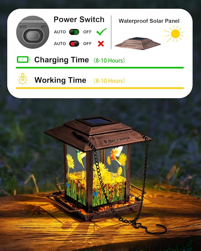 DesGully Solar Bird Feeders for Outdoors - 2.5 LBs Metal Wild Large & Small Bird Feeder for Outside Hanging, Gift Ideas for Avian Enthusiast Garden Yard Seeds (Chew-Proof, Weather Resistance)