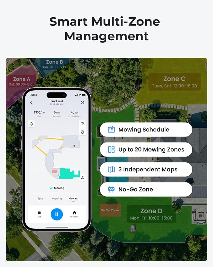 V1000 Robot Lawn Mower with Garage, Max 0.3 Acre, No Wire/RTK, Auto Mapping | Triple-Camera AI Vision Navigation and Obstacle Avoidance, Smart App Control, Multi-Zone Management for Complex Gardens